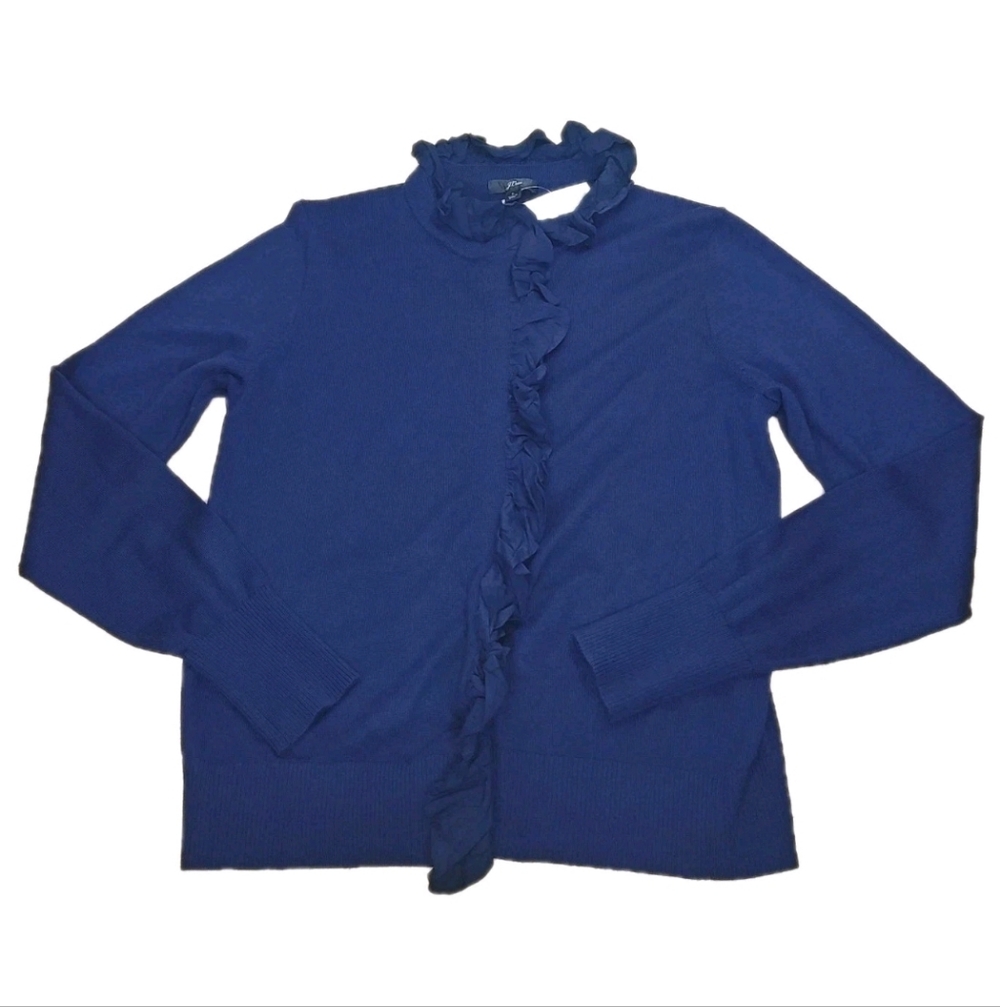 J Crew Merino Wool Ruffled Mockneck Cardigan Fitted Sweater Slim Large Navy Nwt - Picture 11 of 16